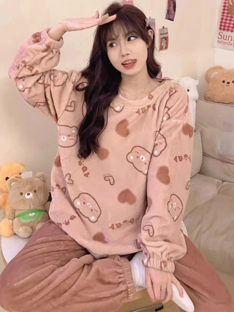 Autumn Winter Flannel Pajamas Sets for Women Warm Thicken Pajamas Long Sleepwear Rest Girl Suit Coral Fleece Homewear Clothes