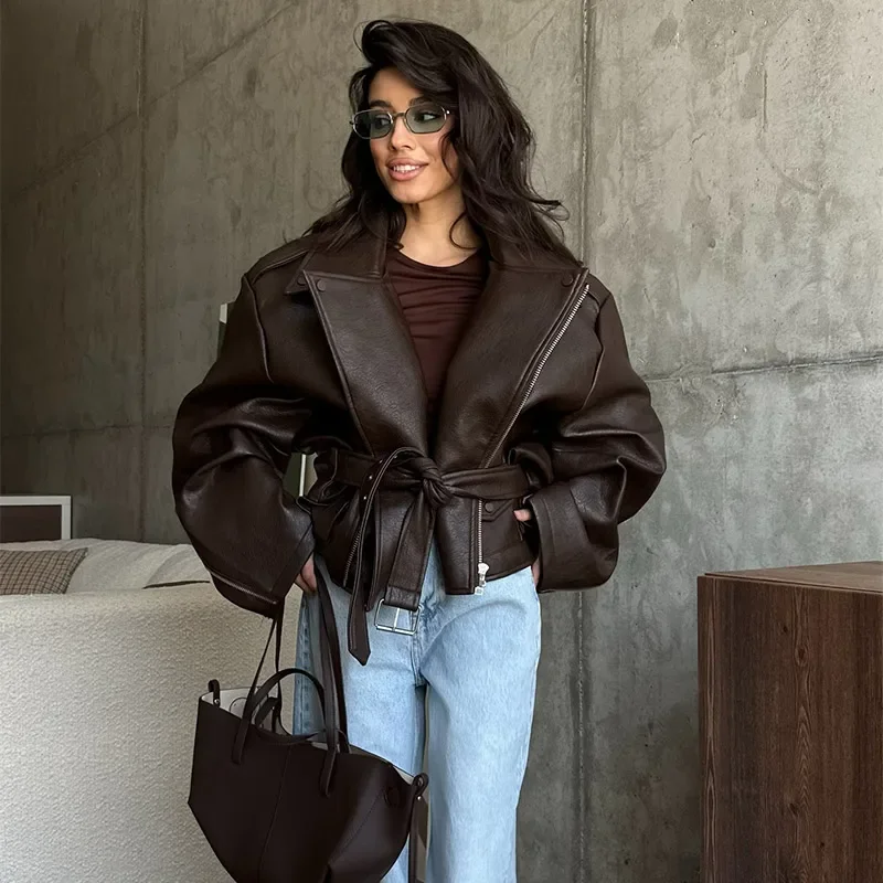 

Ladies Street Biker Jackets Women Chic Brown Leather Jacket With Belt Chic Long Sleeve Laple Zipper Short Coats 2025 New