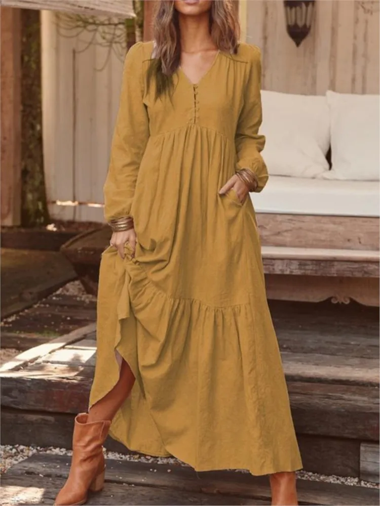 

Autumn Solid Color Casual Long Vestidos 2023 Cotton Linen V-Neck Long Sleeve A-Line Sexy Elegant Ruffles Dresses For Women 2023