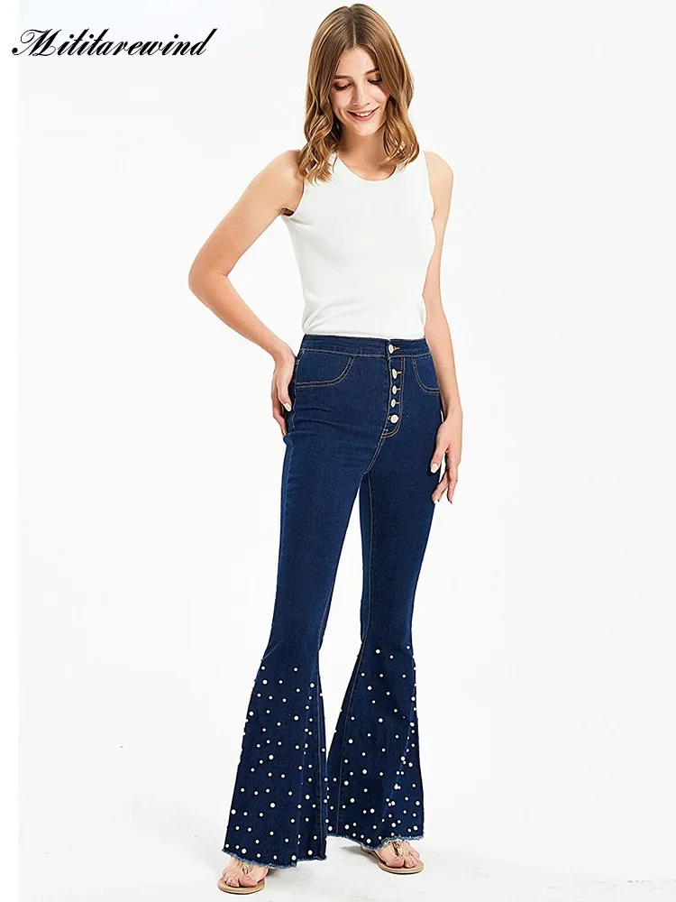 

Embroidered Pearl Big Flared Mopping Jeans Women New Spring Autumn Denim Pants Women High Waisted Single Breasted Wide Leg Pants