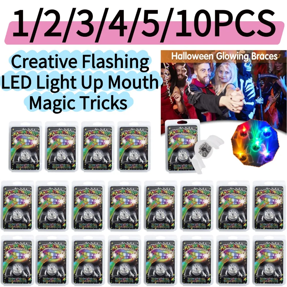 

Creative Flashing LED Light Up Mouth Magic Tricks Braces Piece Glow Teeth Halloween Party Rave Glow Party Supplies Toy 10Pcs