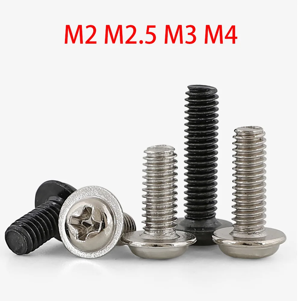 Cross Round Pan Head Screw With Integrated Washer Collar Nickel Black Zinc Plated Tiny Fastener M2-M4 For Electronics Assembly