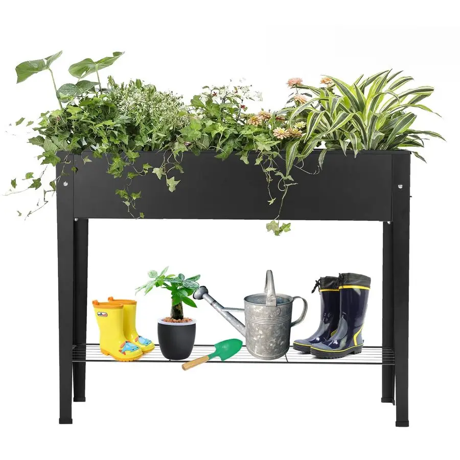 

Raised Garden Bed, Elevated Planter Metal Plant Box with Legs Standing Garden Stand Drainage Holes Frosted Black