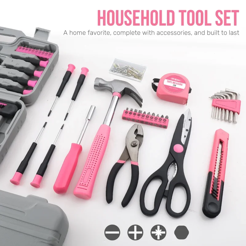Hi-Spec 62pc Pink/Black Home Tool Set with Multi-Layer DIY Toolbox - Professional Household Essentials & Women's Hand Tool Kit
