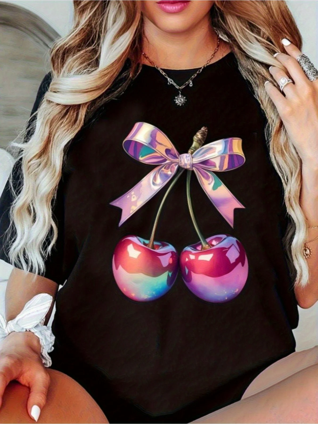 Women Holographic Rainbow Cherry Coquette Bow Graphic T-Shirt Patriotic Pure Cotton Round Neck Short Sleeve Summer Tops 4th Of July Independence Day Game Day Mama Tees Daily Themed Party Casual Wear