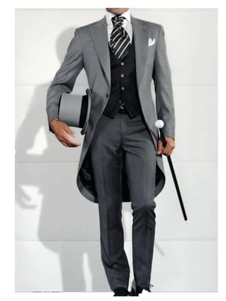 Grey Long Tail Coat 3 Pieces Gentleman Male Suit Men\'s Fashion Groom Tuxedo for Wedding Party Prom Jacket Vest with Pants