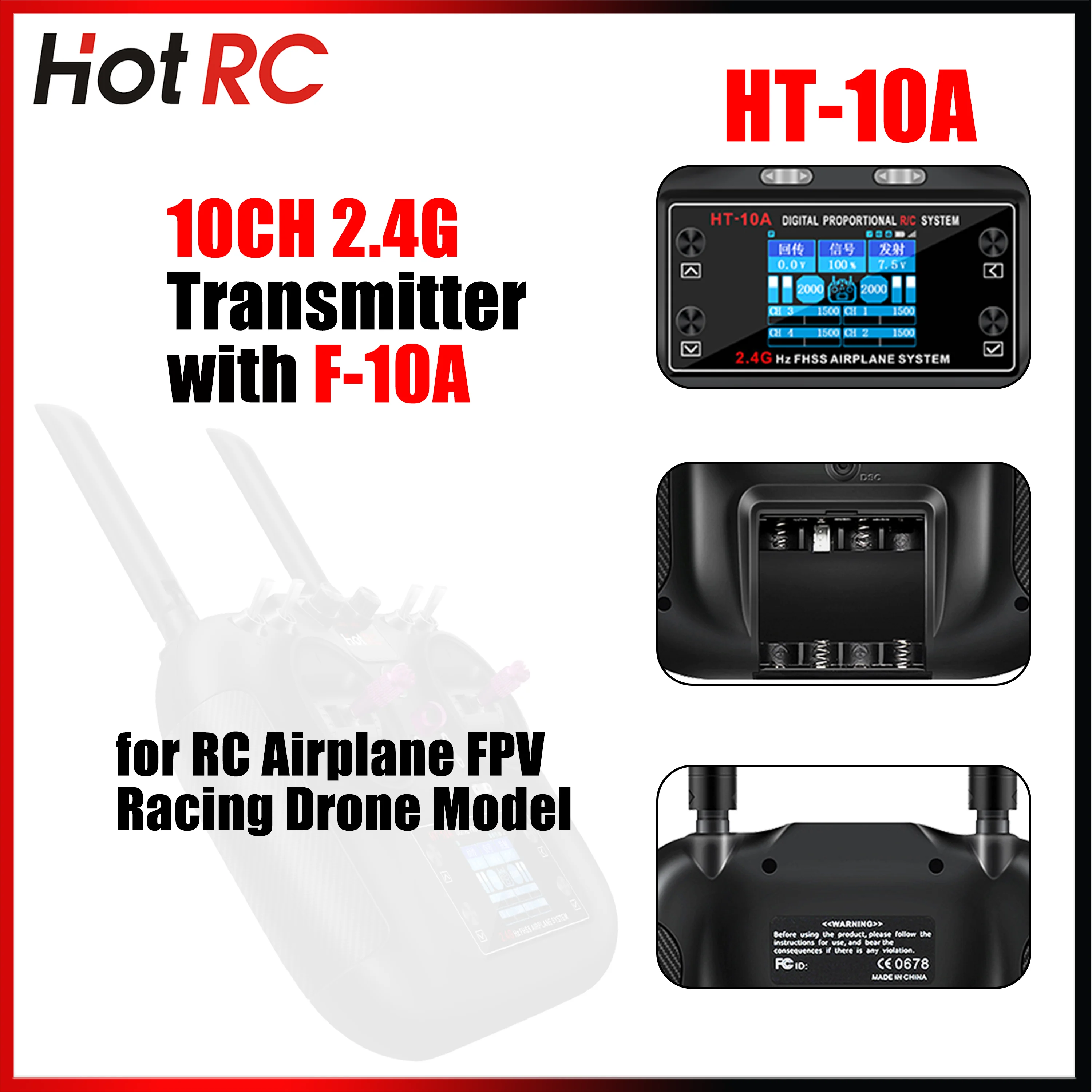 

HOTRC HT-10A 10-канальный передатчик 2,4G 1,7-дюймовый пульт дистанционного управления с цветным экраном и приемником F-10A для радиоуправляемого самолета, дрона, гонок FPV