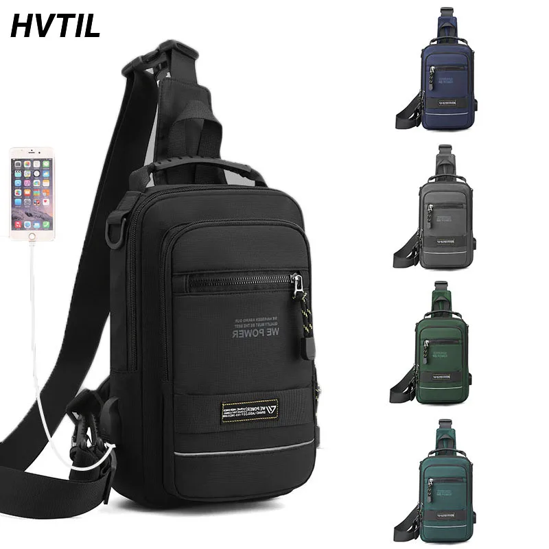 HVTIL Luxury Male Waterproof Nylon Chest Bag Men Small Sling Shoulder Bag Multifunctional Cross Body USB Charging Crossbody Pack