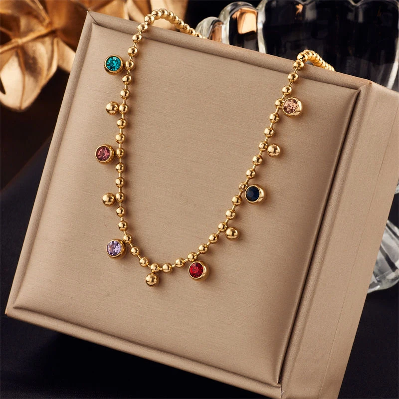 2023 fashion retro gold plated round rhinestone pendant titanium steel metal necklace jewelry