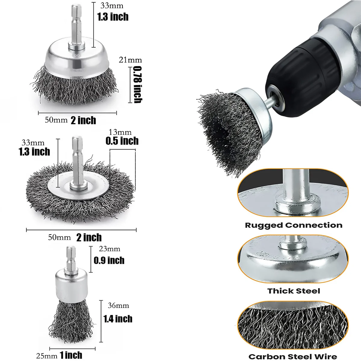 Drahtbürstenrad-Topfbürsten-Set, 10er-Pack, Drahtbürste für Bohrer, 1/4 Zoll Sechskantschaft, 0,012 Zoll grober Kohlenstoffstahl, gewelltes Drahtrad
