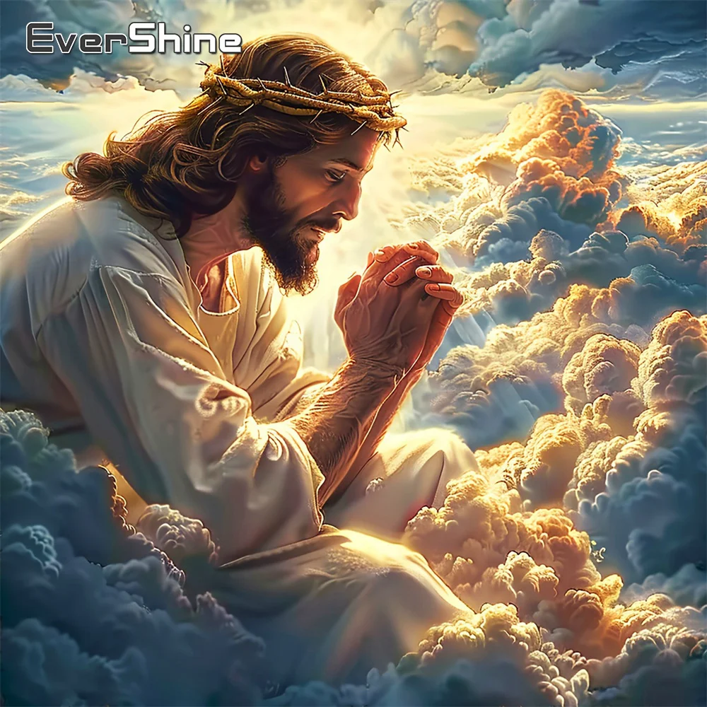 EverShine Mosaico de Diamantes Religioso, Pintura Quadrada Completa, Imagem de Jesus Cristão com Strass, Bordado de Nuvens, Decoração para Casa