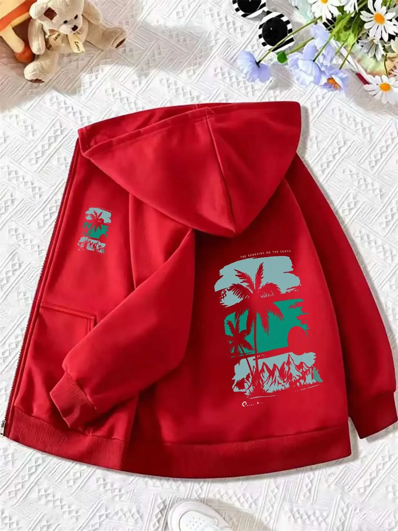 Kids Retro Palm Tree Mountain Sunset Print Zip Up Hoodie Loose Long Sleeve Hooded Jacket Vacation Casual Outerwear For Boys Girl