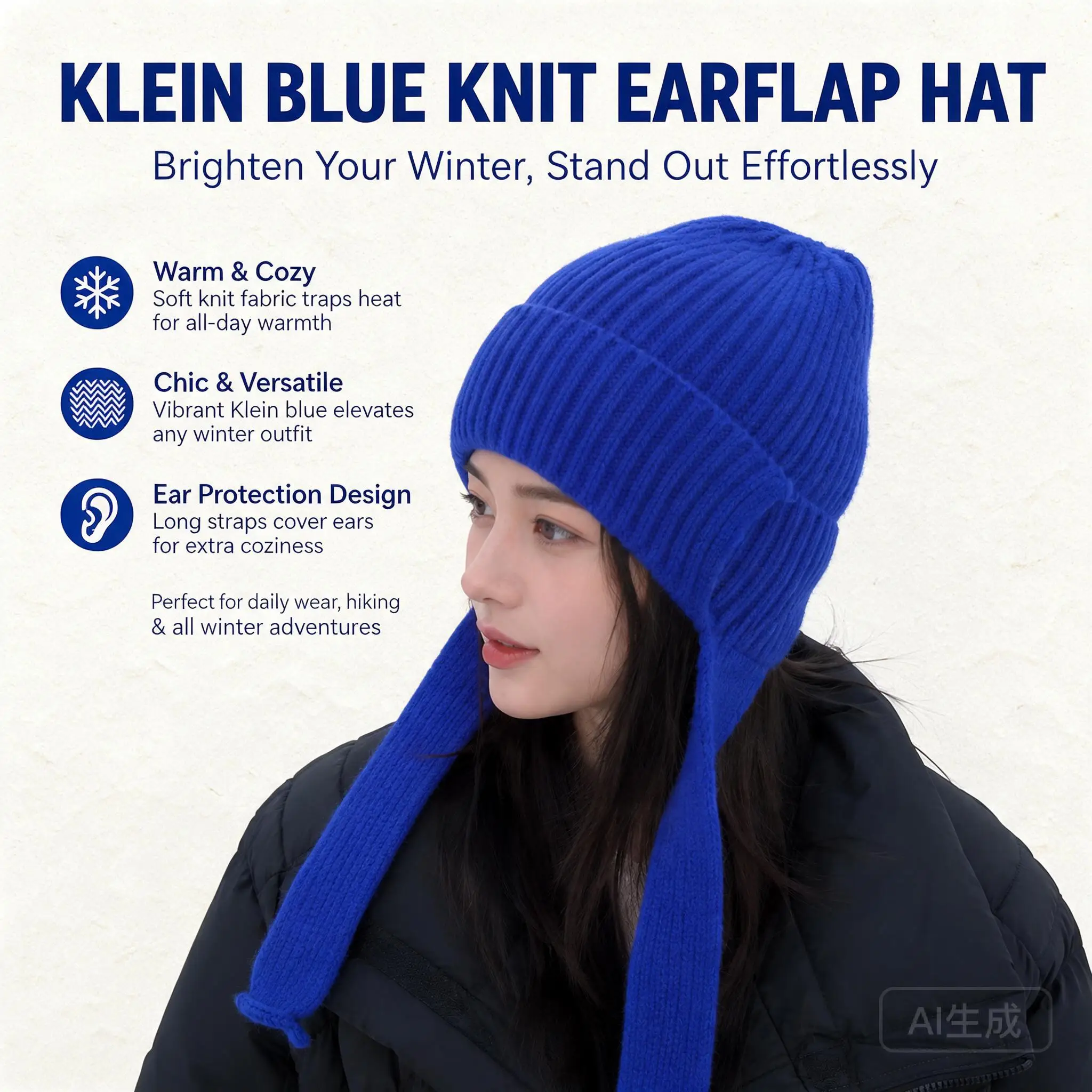 Women Long Ear Flap Ribbed Knit Beanie Hat 100 Percent Acrylic Fall Winter Warm Cold Proof Soft Face Slimming Blue Customizable