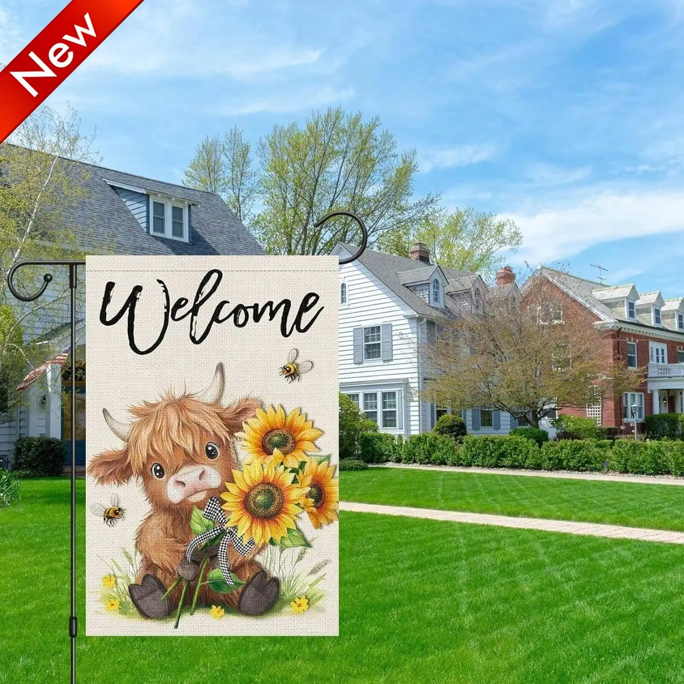 Bandera de jardín rústica de arpillera con vaca de las Tierras Altas, girasoles y abejas, de doble cara para exteriores, cartel de bienvenida de verano para jardín estilo granja, bandera de temporada