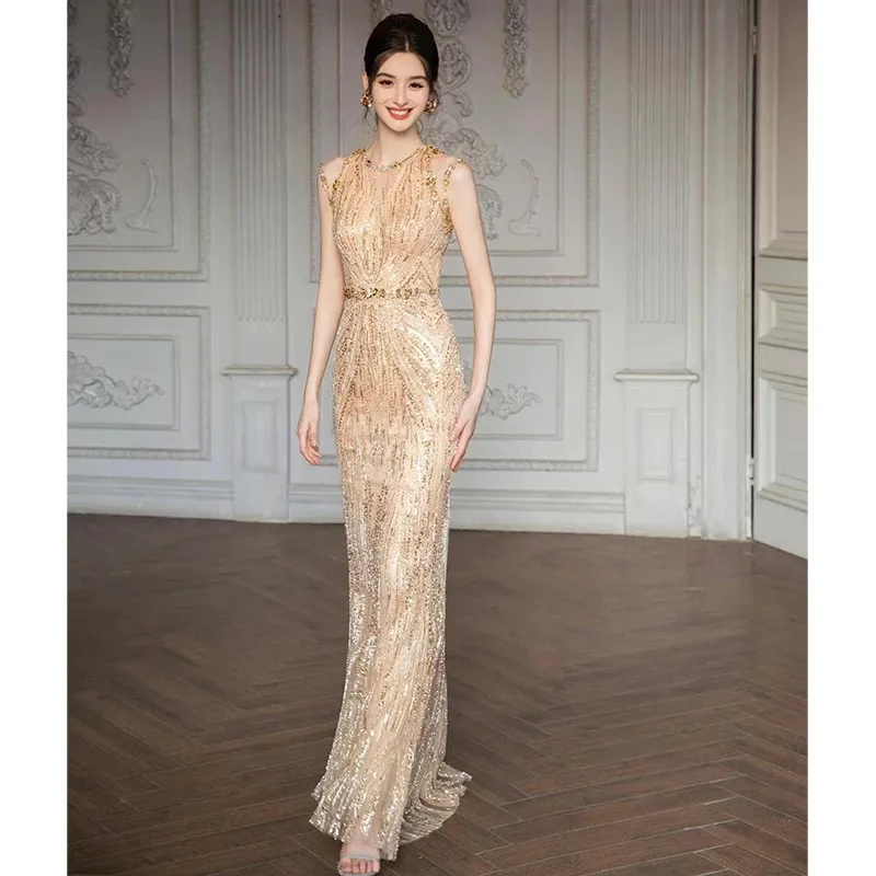 

Heavy industry golden fishtail evening dress toasting sequined banquet elegant host