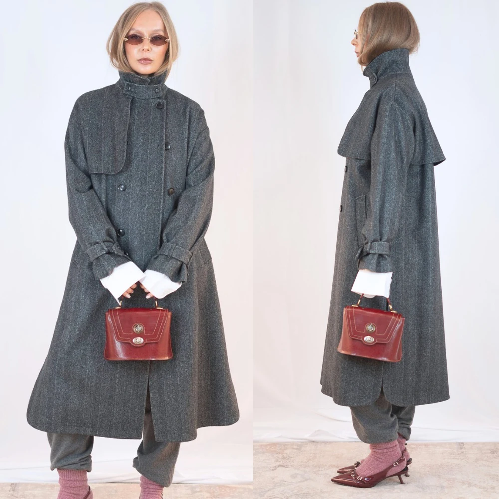 Herringbone Windproof Women Woolen Coat Plus Size Long Pocket Jacket Formal Casual Outwear Overcoat Customized Warm Thick Outfit