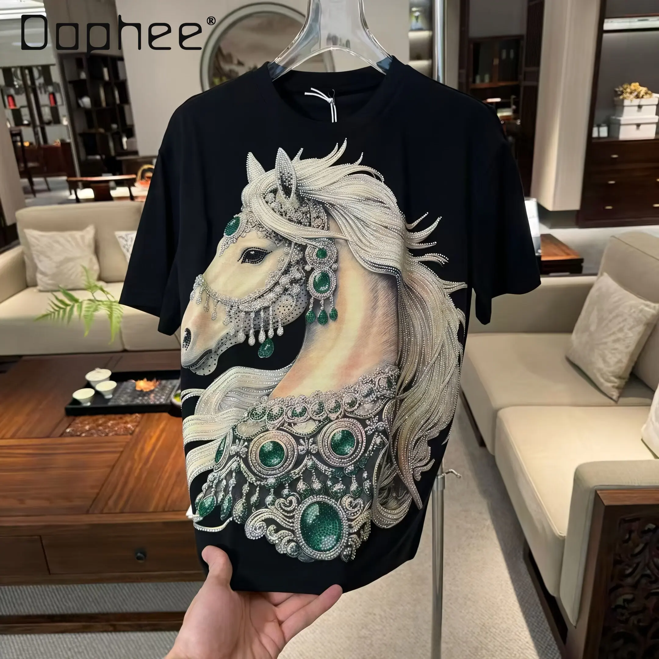2026 Summer New Fashion Versatile White Horse Rhinestone Loose Casual Red White Black Pink Men's Round Neck Short Sleeve T-Shirt