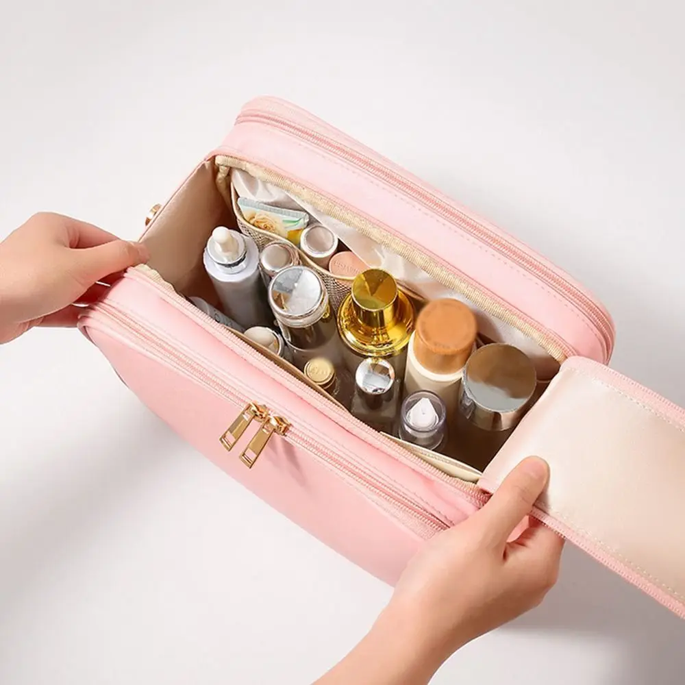 Portable Women's Makeup Bag Solid Color Double Zipper Handheld Storage Bag Waterproof PU Leather Toiletries Storage Pouch