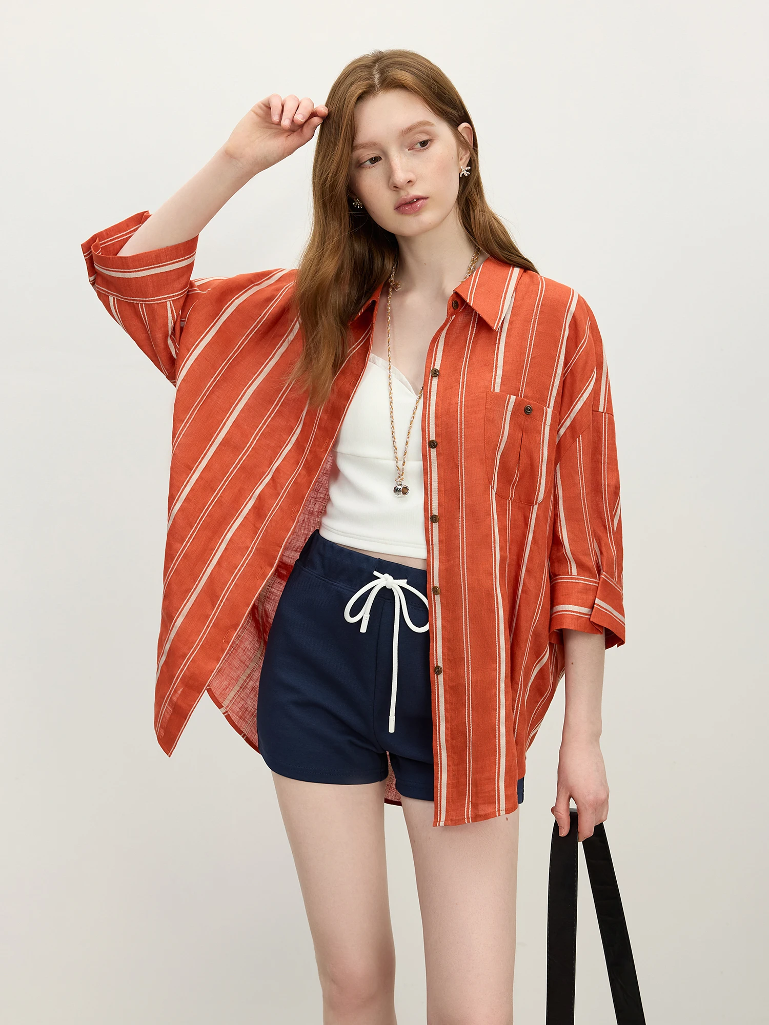 

FSLE MInimalism Linen Seaside Holiday Season Old Money Style Loose Red Striped Shirt Female 2025 Summer New Arrival 25FS12557