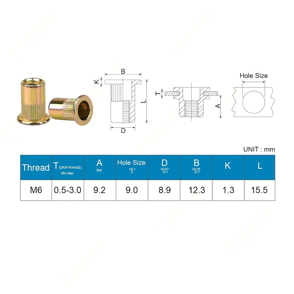 100pcs M3/M4/M5/M6/M8/M10/M12 Metric Rivet Nuts Zinc Plated Carbon Steel Threaded Insert Nut Nutsert Flat Head Knurled Body