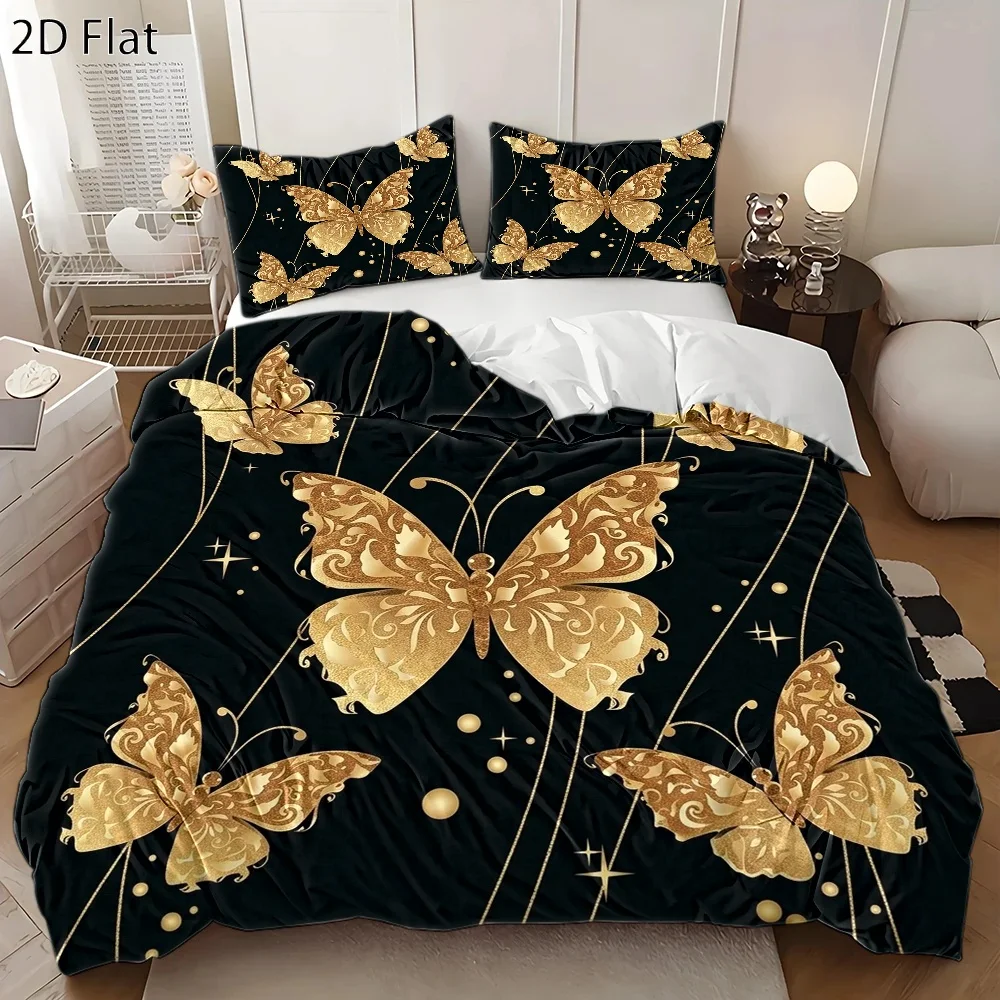 3Pc Luxury Gold Butterfly Print Duvet Cover Set, Three-Piece Bedding Set (1*Duvet Cover + 2*Pillowcases), All-Season Double Bed Cover, Machine Washable, Invisible Zipper Bedding Set, Suitable for Home, Dormitory, Master Bedroom, Guest Room, Large Duvet Cover Available, Light Luxury Style Black and Gold Butterfly Bedding Set, Fashionable Gold Foil Print Bedding, Comfortable and Skin-Friendly Bedroom Bedding Set