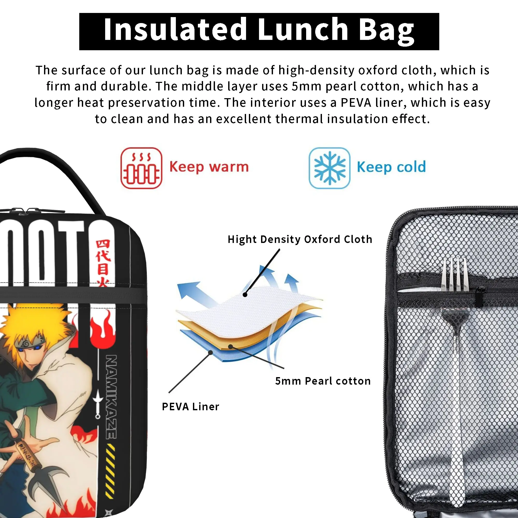 Yellow Ninja Narutoes Anime Insulated Lunch Bags Cooler Bag Meal Container Portable Tote Lunch Box for Men Women College  Picnic view 5