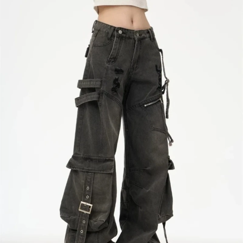 

Women Black Gothic Baggy Cargo Jeans Vintage Harajuku Ripped Jean Pants Japanese 2000s Style Oversize Denim Trousers Clothes