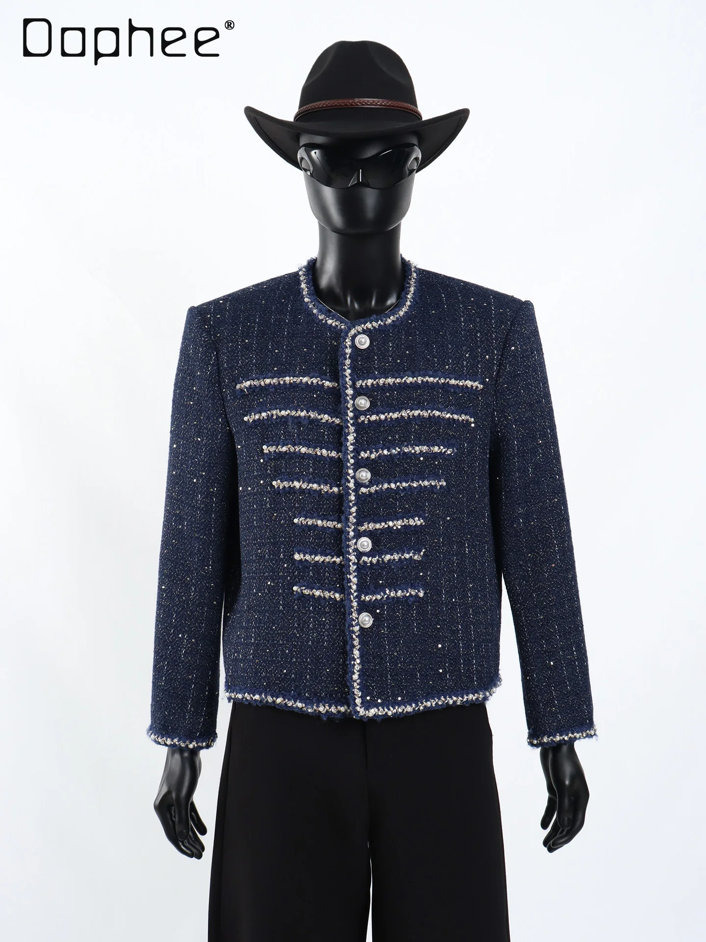 Heavy Beaded Woven Tweed Jackets for Men Spring Autumn Light Luxury Fashion Round Neck Single Breasted Short Jacket Men Clothing