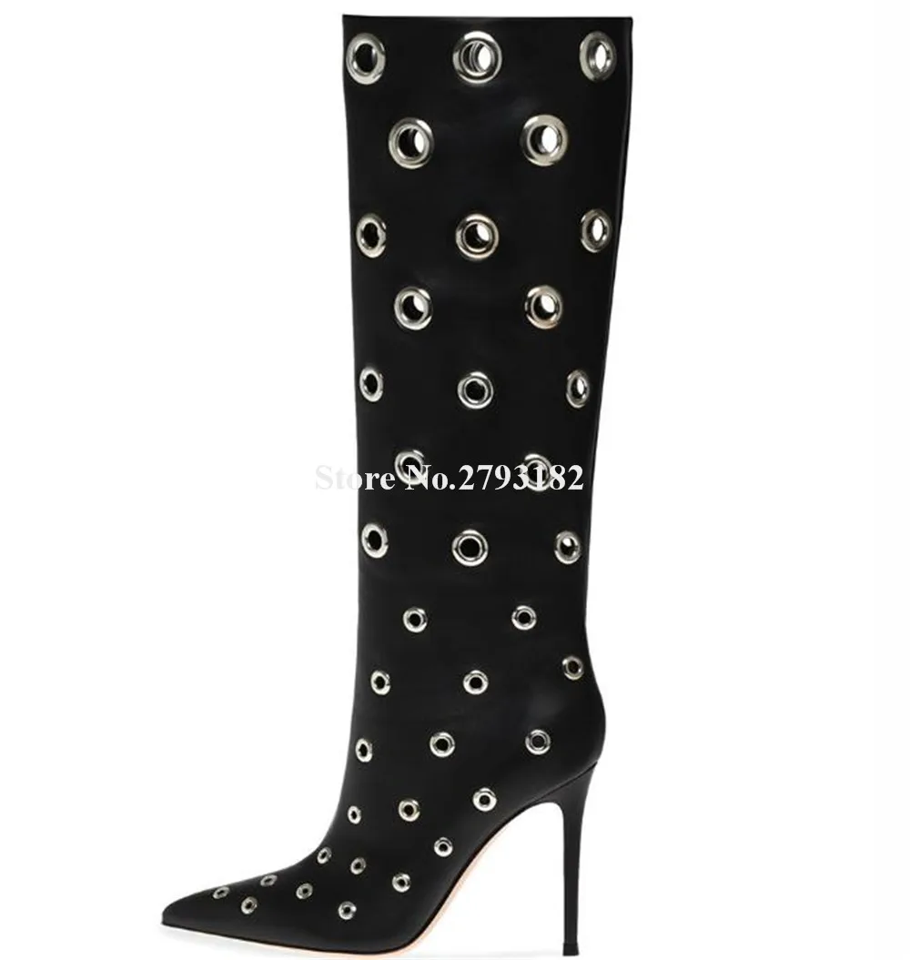 Fashion Style Metal Round Holes Decorated Stiletto Heel Knee High Boots Pointed Toe Black Thin Heel Long Boots