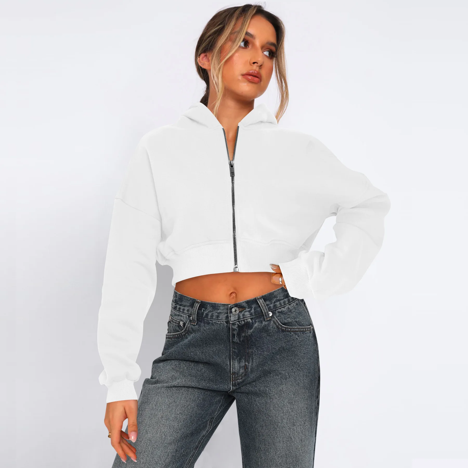Fleece Zip Up Hoodie Sweatshirt Long Sleeved High Waist Crop Tops Outerwear Hoodies Streetwear for Women