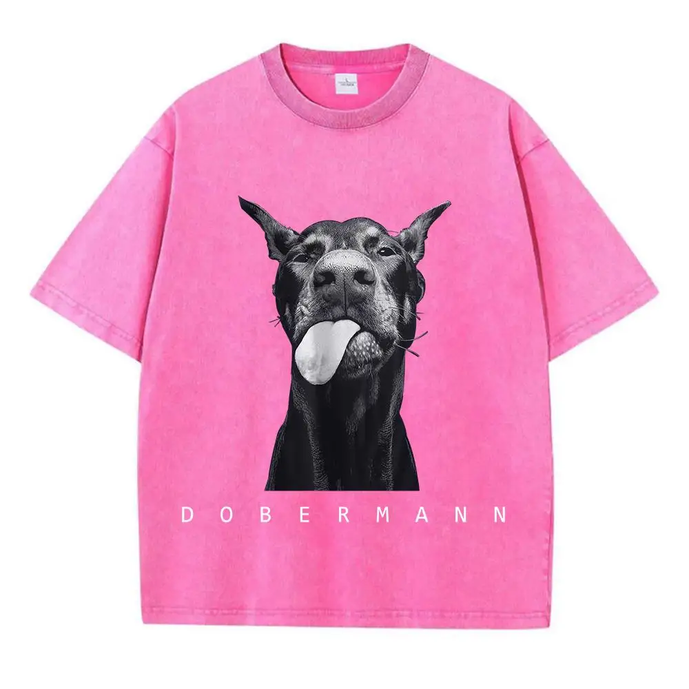 เสื้อยืดผ้าฝ้ายฟอกสำหรับผู้ชาย พิมพ์ลายโดเบอร์แมนที่ทันสมัยและสร้างสรรค์ แขนสั้น คอกลม ทรงหลวม สไตล์สตรีทแวร์แบบดูเก่า