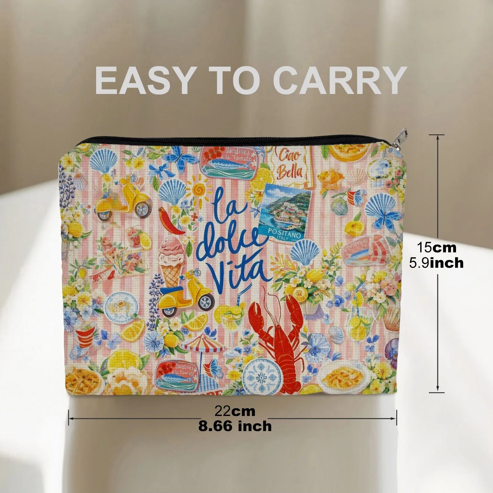 La Dolce Vita Italian Style Cosmetic Bag, Summer Travel Makeup Pouch, Sicily Amalfi Coast Print Toiletry Bag