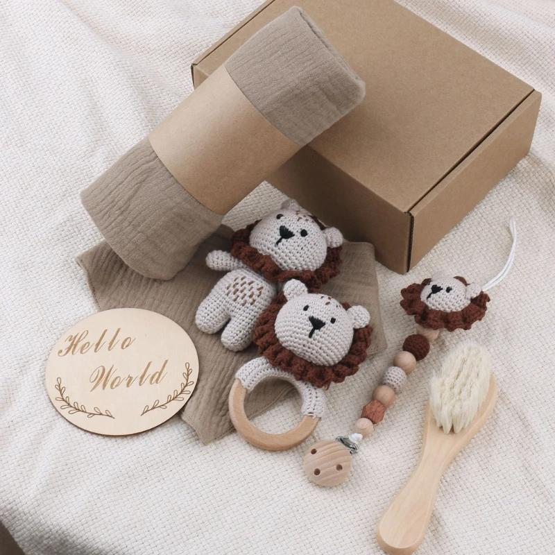 Crochet Rattle Toy Set Baby Teething Gift Infant Pacifier Clip Soothing Toy 7PCS