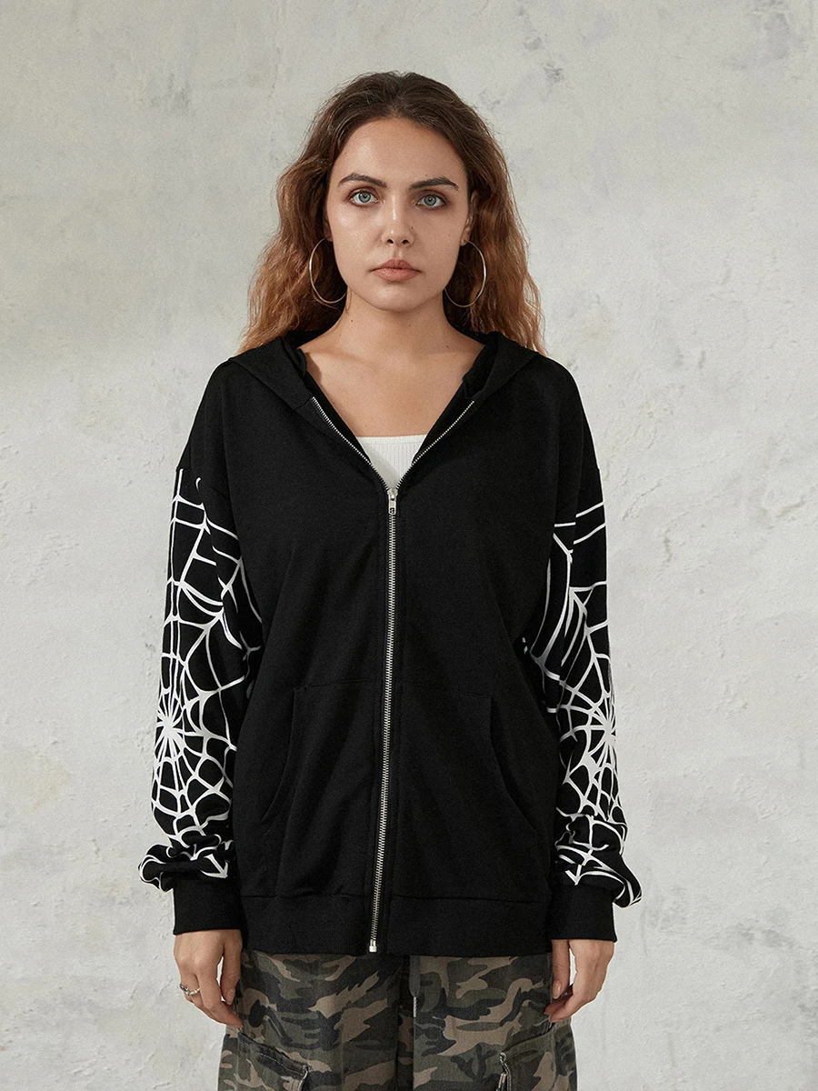 Men Women Zip Up Hoodies Fashion Spider Web Print Long Sleeve Oversized Sweatshirts Streetwear Tops