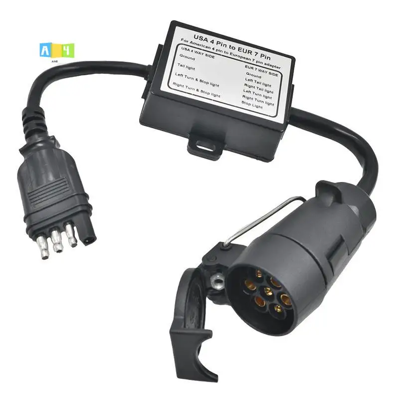 A04E-Trailer Connector USA 4-Pin Flat Plug To European7-Pin Connector 4 To 7 Trailer Light Converter Circuit Adapter