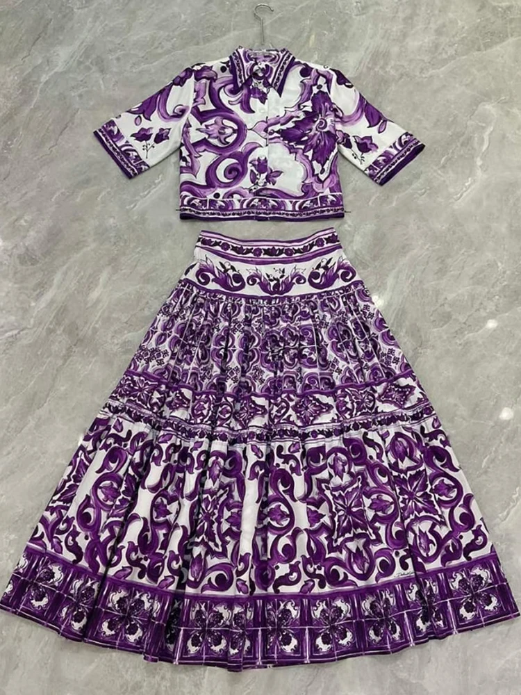 

Retro geometric printed short shirt two-piece set for summer 2025 women's clothing+high waisted loose skirt fashion set