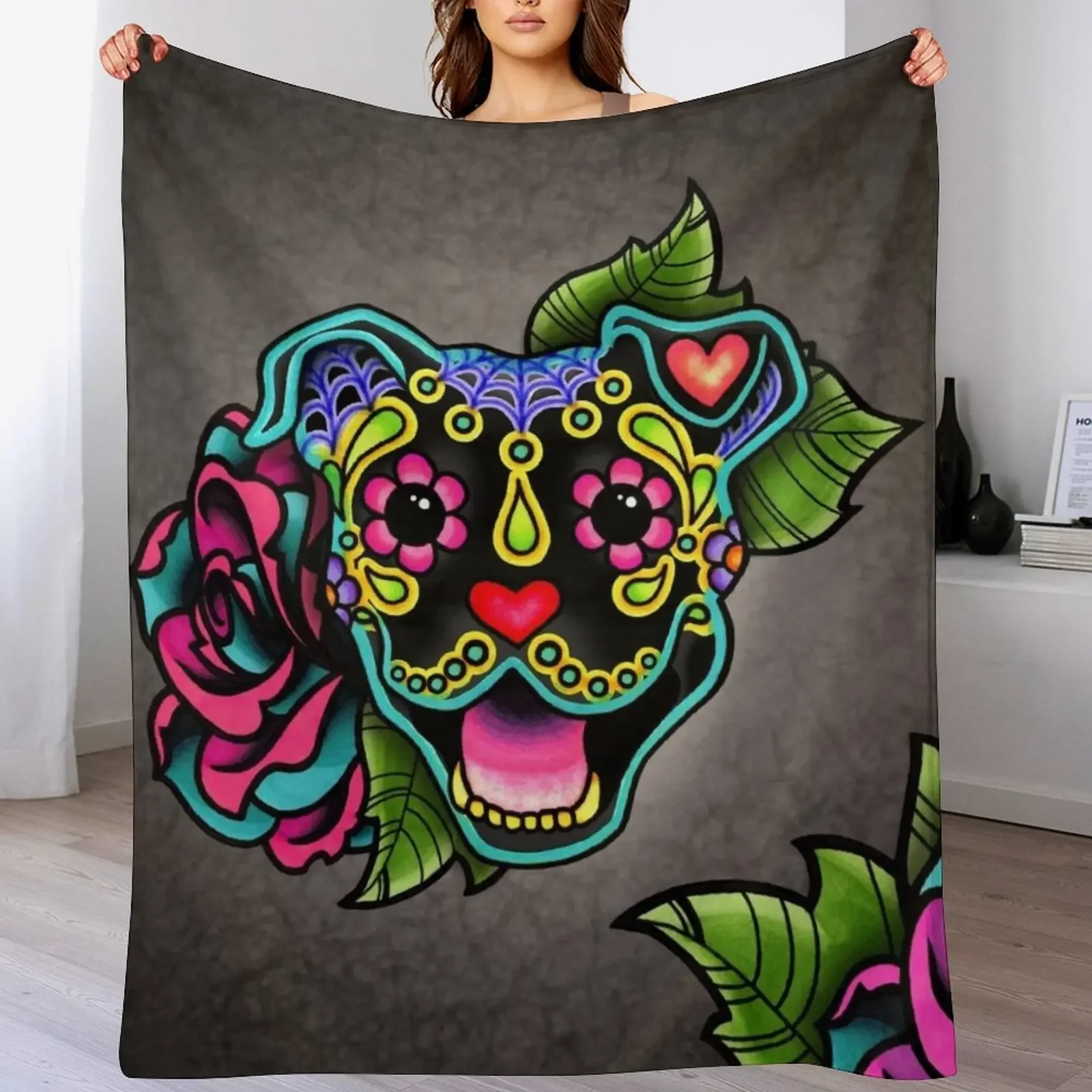 

Smiling Pit Bull in Black - Day of the Dead Happy Pitbull - Sugar Skull Dog Throw Blanket Soft heavy to sleep Blankets