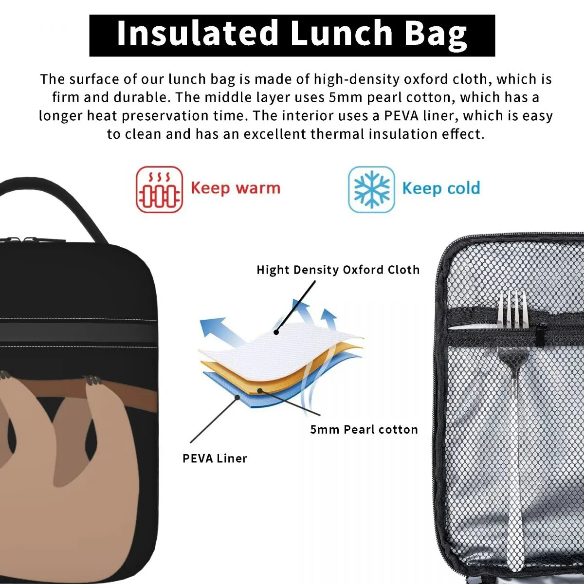 Cute Baby Cartoon Sloth Design Insulated Lunch Bag for Women Kids Portable Food Boxes Thermal Lunch Box Tote