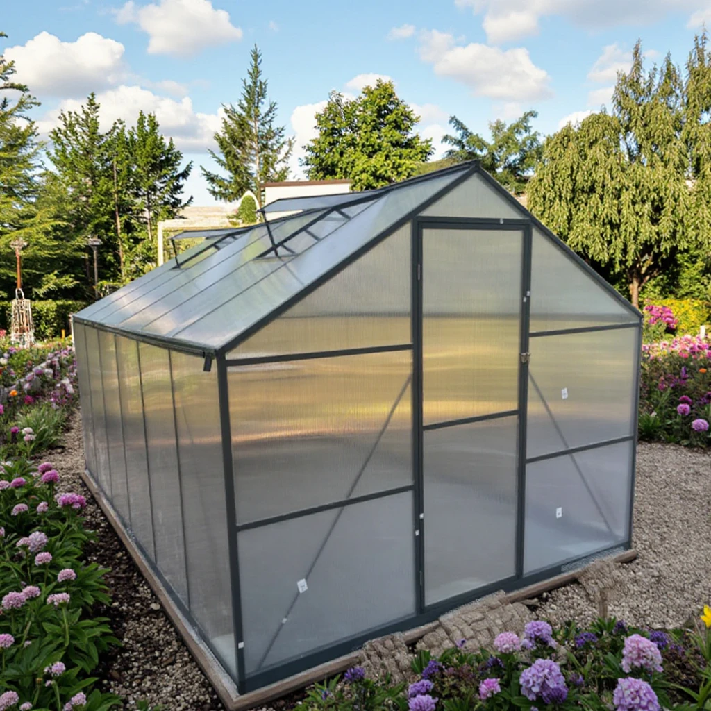 Large Size Aluminum Garden Greenhouse With Metal Frame and PC Boards Plastic Wall Adjustable Windows and Sliding or Hinge Door