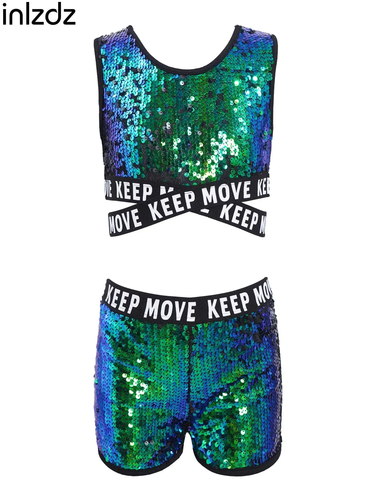 

Kids Girls 2 Pieces Sequins Crop Top with Shorts Set Modern Jazz Street Hip-hop Dance Costume Stage Performance