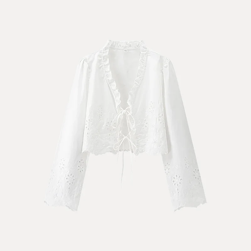 Spring New Sle Women's irt Wooden Ear V-ne  Knot Belted Open Front Long Sve ort Coat Z Polyester Fiber