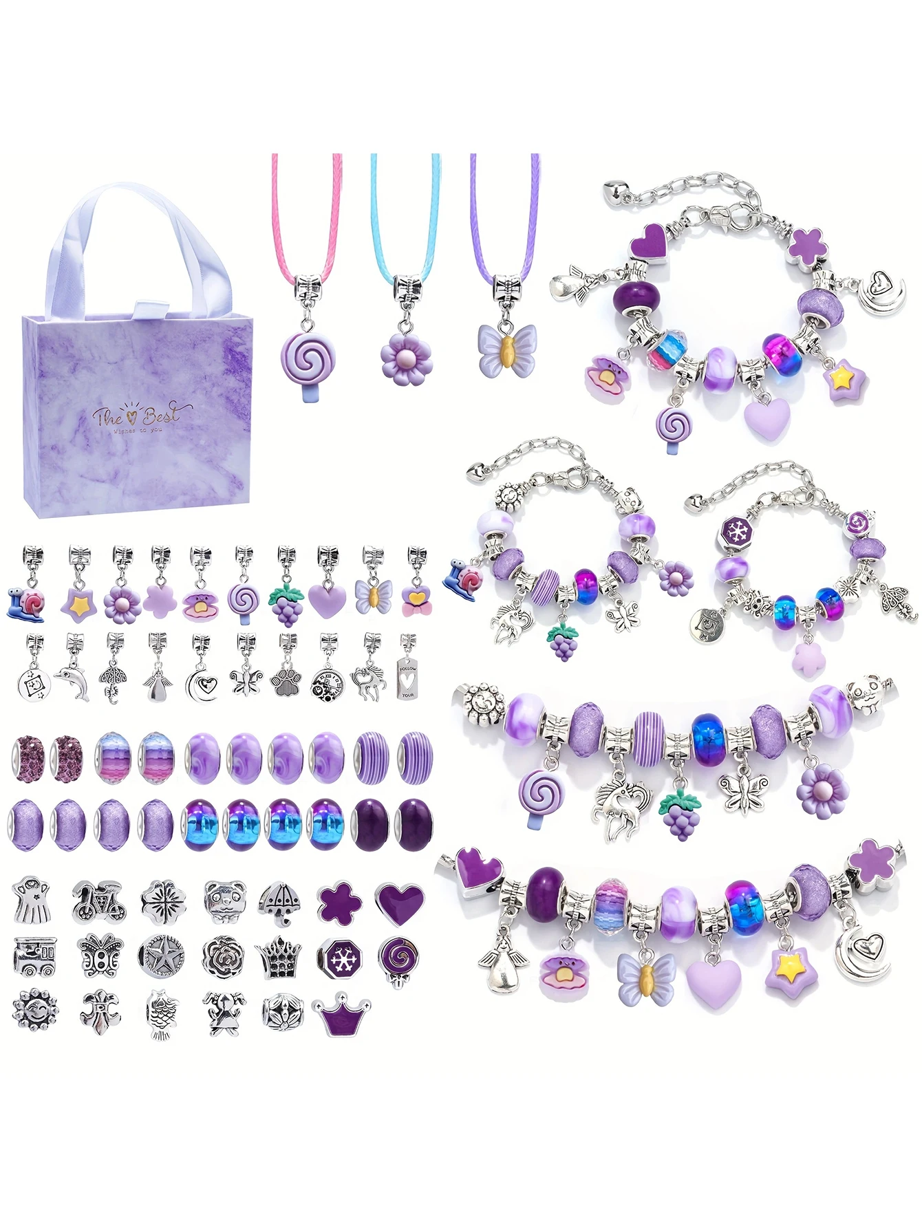 66Pcs Charm Bransoletka Neckalce DIY Zestaw do wyrobu biżuterii dla dziewczynek, z koralikami, wisiorkami, łańcuszkami węża, liną, rękodziełem