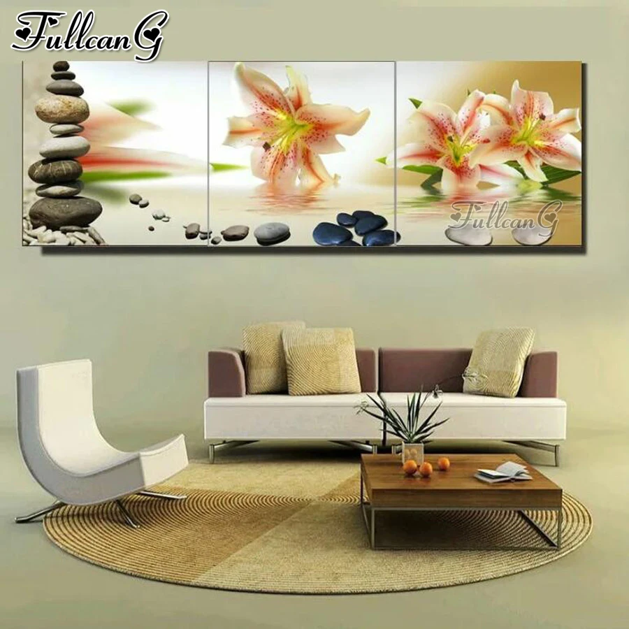 Lily Stone flower Diy Diamond Painting Full Square Round Diamond Embroidery Mosaic Needlework Triptych home decoration AA3456