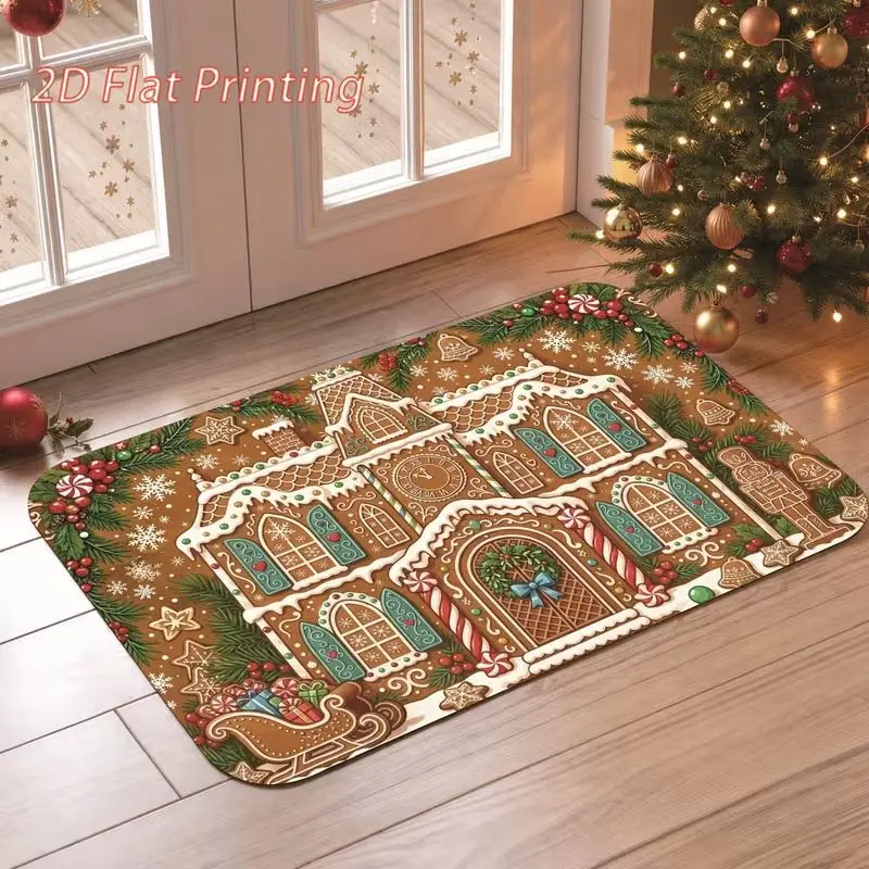 VIKAMA Gingerbread House Doormat Christmas Candy Cane Snowflake Holly Sleigh Cookie Holiday Entrance Mat for Front Door Decor