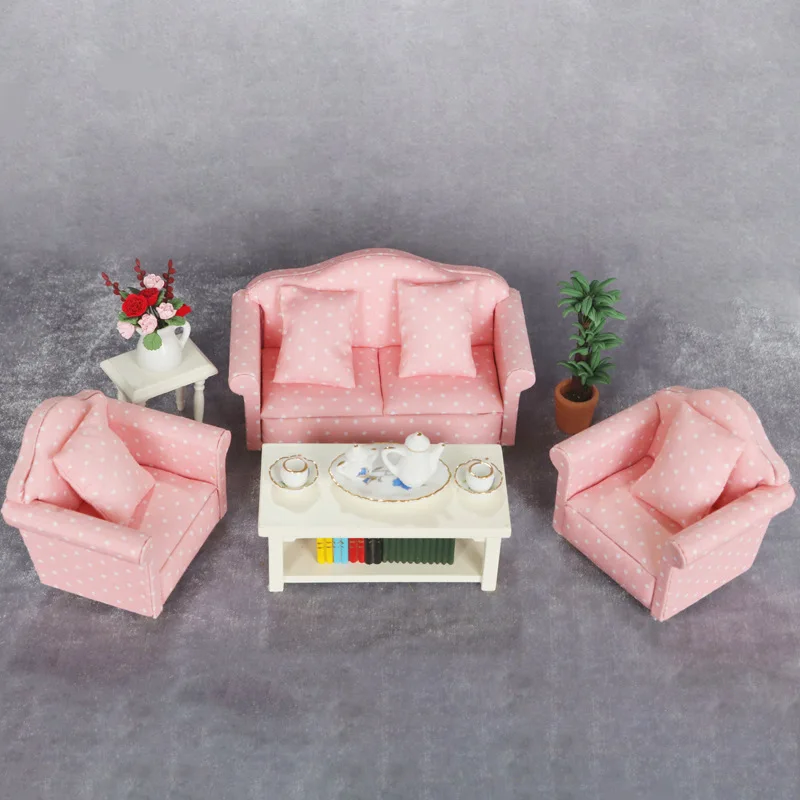 New 1:12 Dollhouse Miniature Furniture Living Room Pink Polka Dot Sofa 3-Piece Set Couch for Model Display
