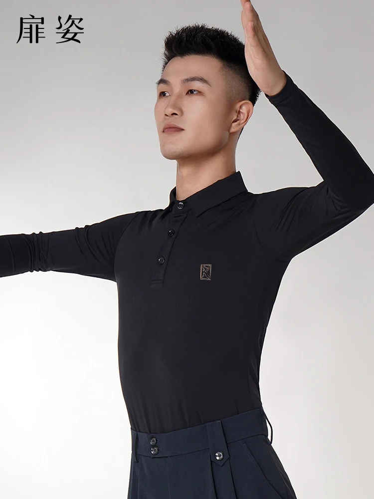 2023 Men\'s Latin Dance Clothes Long Sleeve Practice Clothes National Standard Dance Competition Clothes Modern Dance Top F5004