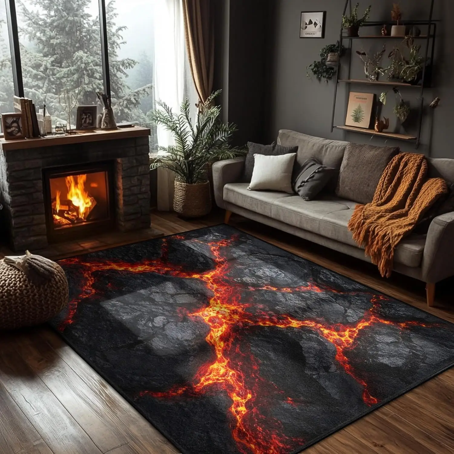 3D Optical Illusion Flame Runner Rug Kitchen Rugs Retro Rock Cracks Print Laundry Room Runner Rug Entryway Indoor Bedroom Rugs