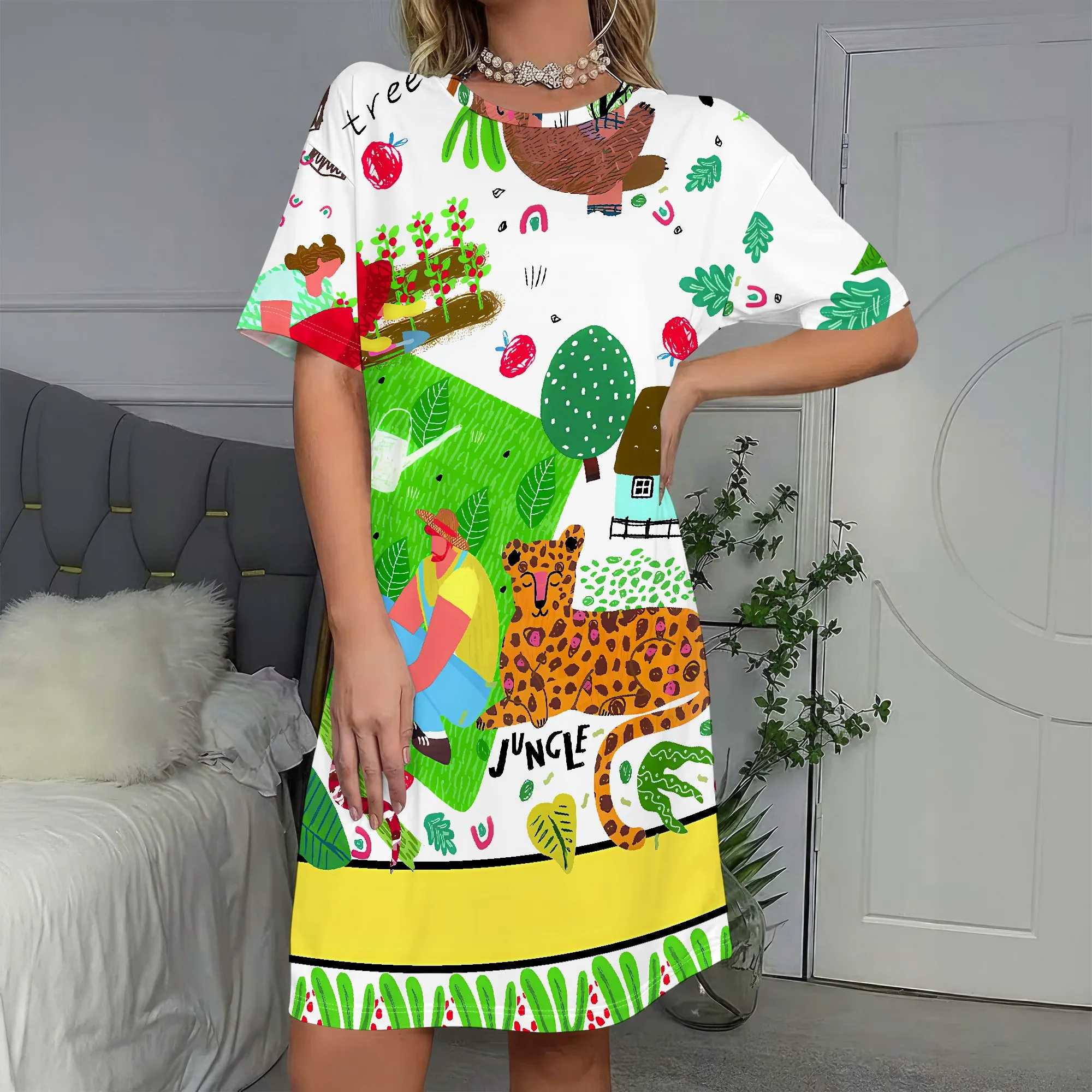 

Jungle Print, Short Sleeve Dress, Cartoon Leopard & Trees, Boho Summer Style, Women Casual Wear, S-2XL