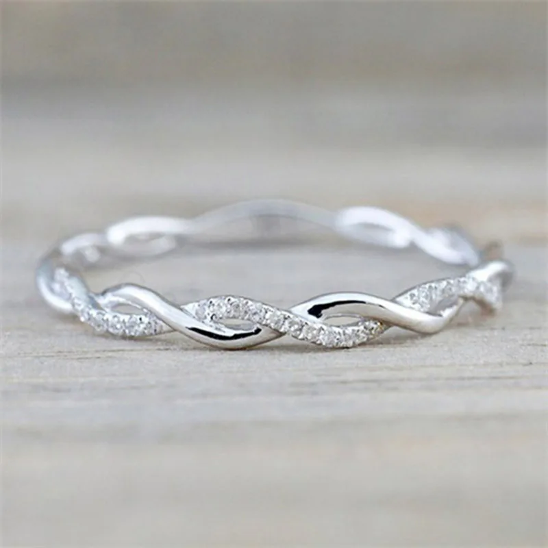 Huitan Simple Stylish Women Thin Rings Fancy Twist Band Shiny Crystal Cubic Zircon Daily Wear Versatile Jewelry Minimalist Gift image 3