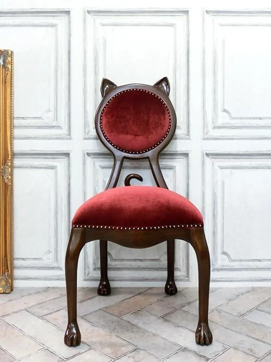 Solid Wood Cat-Ear Chair Champagne Gold Leisure Sofa Wine Red Fabric Dining Chair Armchair